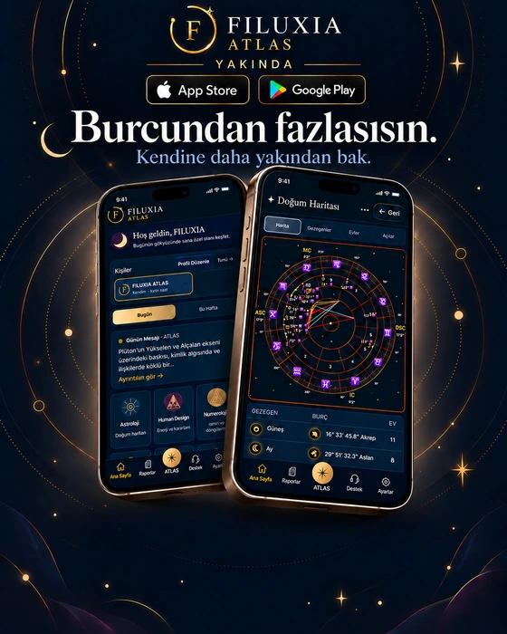 FILUXIA ATLAS: Burcundan fazlasısın. Uygulama tanıtımı, ana ekran ve doğum haritası telefon görünümleri; App Store ve Google Play’de yakında.